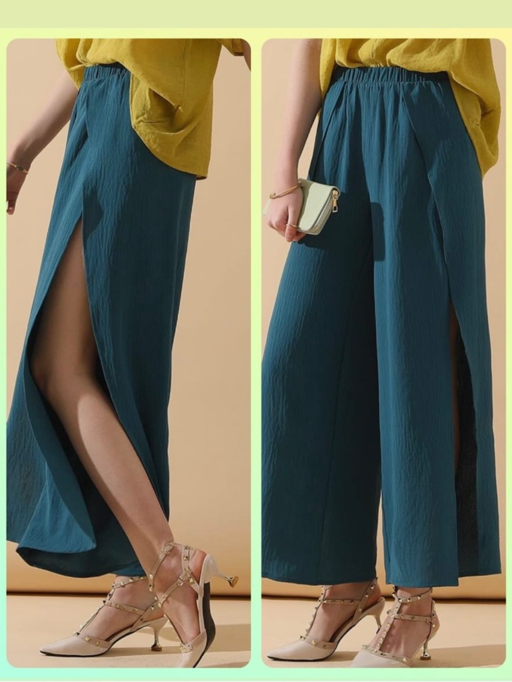 Teal Split-Front Wide Leg Pants